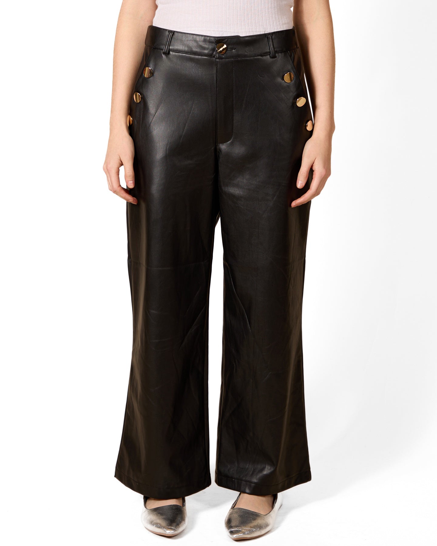 Ebony Button Front Napa Pleather Gold Button Detail Wide Leg Pant