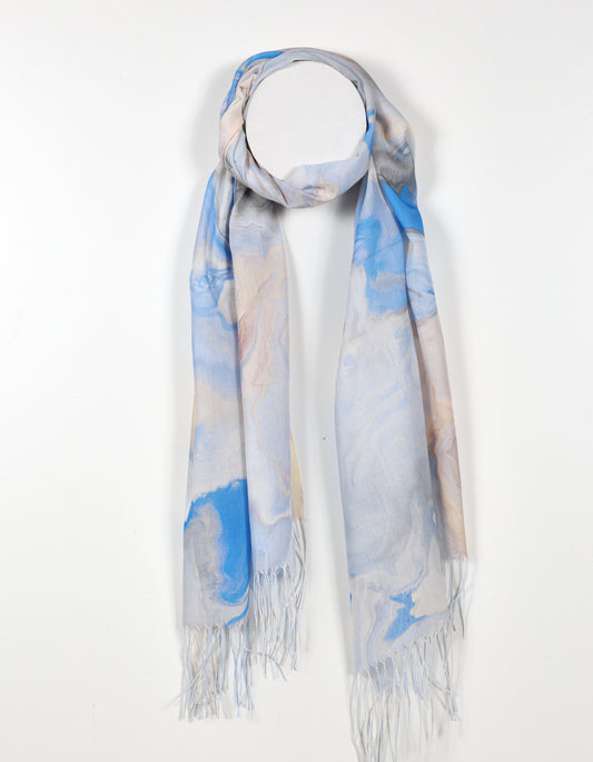 Blue - Watercolor Print Scarf with Fringed Ends