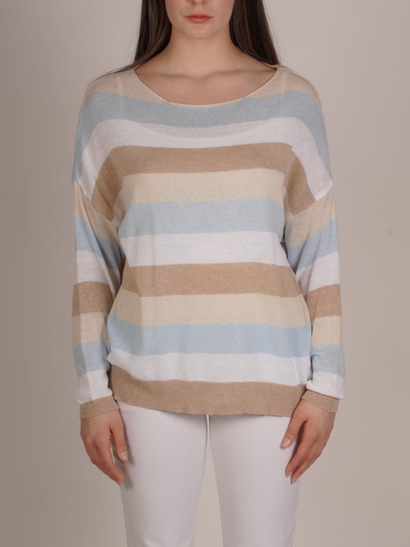 Sky Blue Striped Knit High Neck Long Sleeve