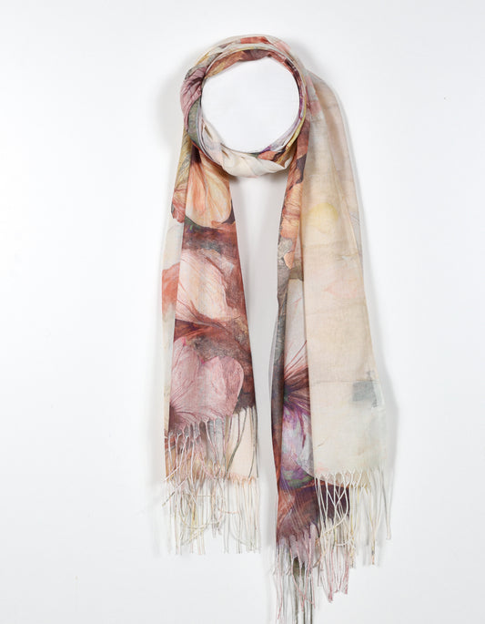 Floral Fringe Scarf in Beige