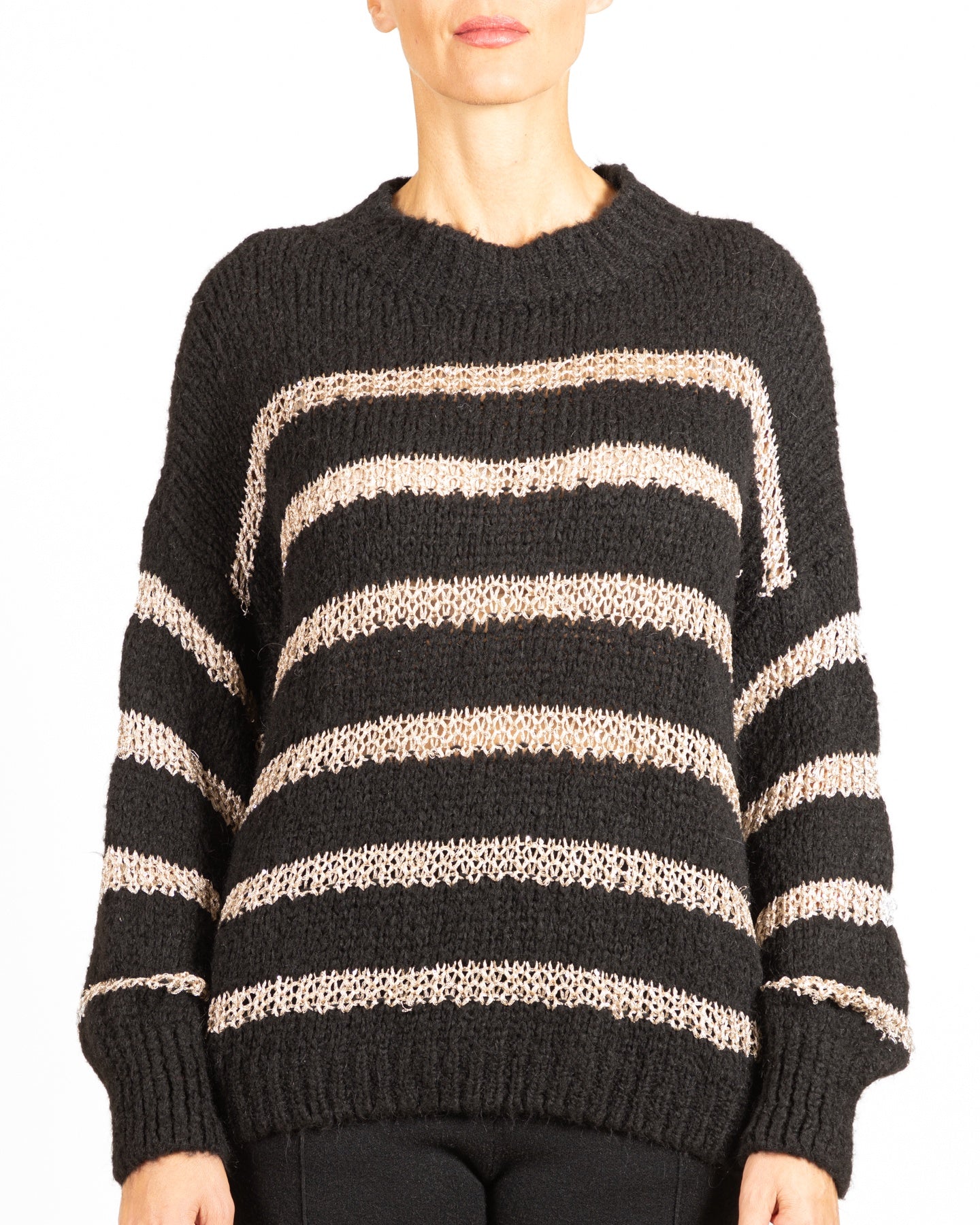 Black Drop Shoulder Lurex Crochet Stripe Sweater