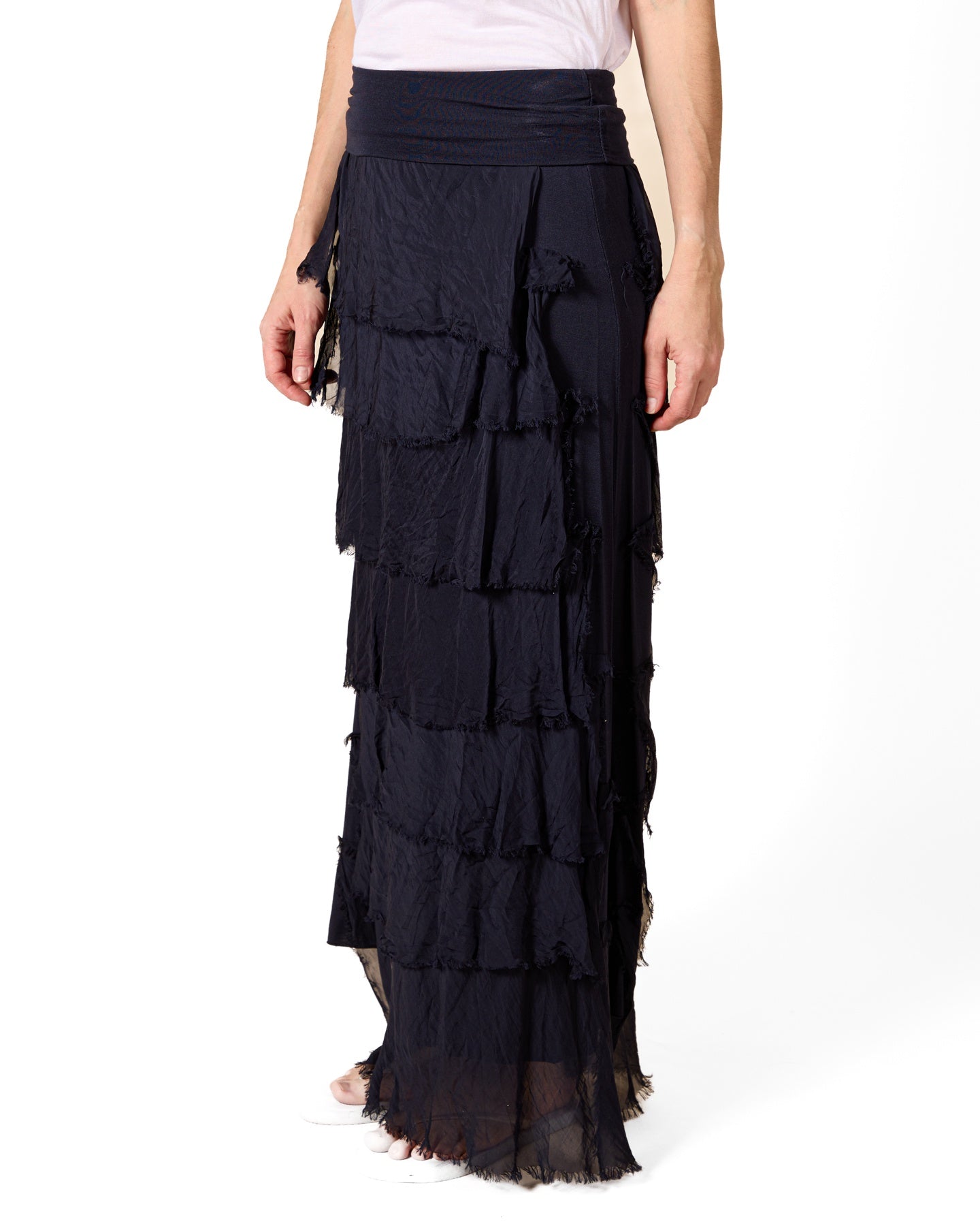 Midnight Pull On Wide Band Combo Multi Raw Edge Lined Maxi Silk Skirt