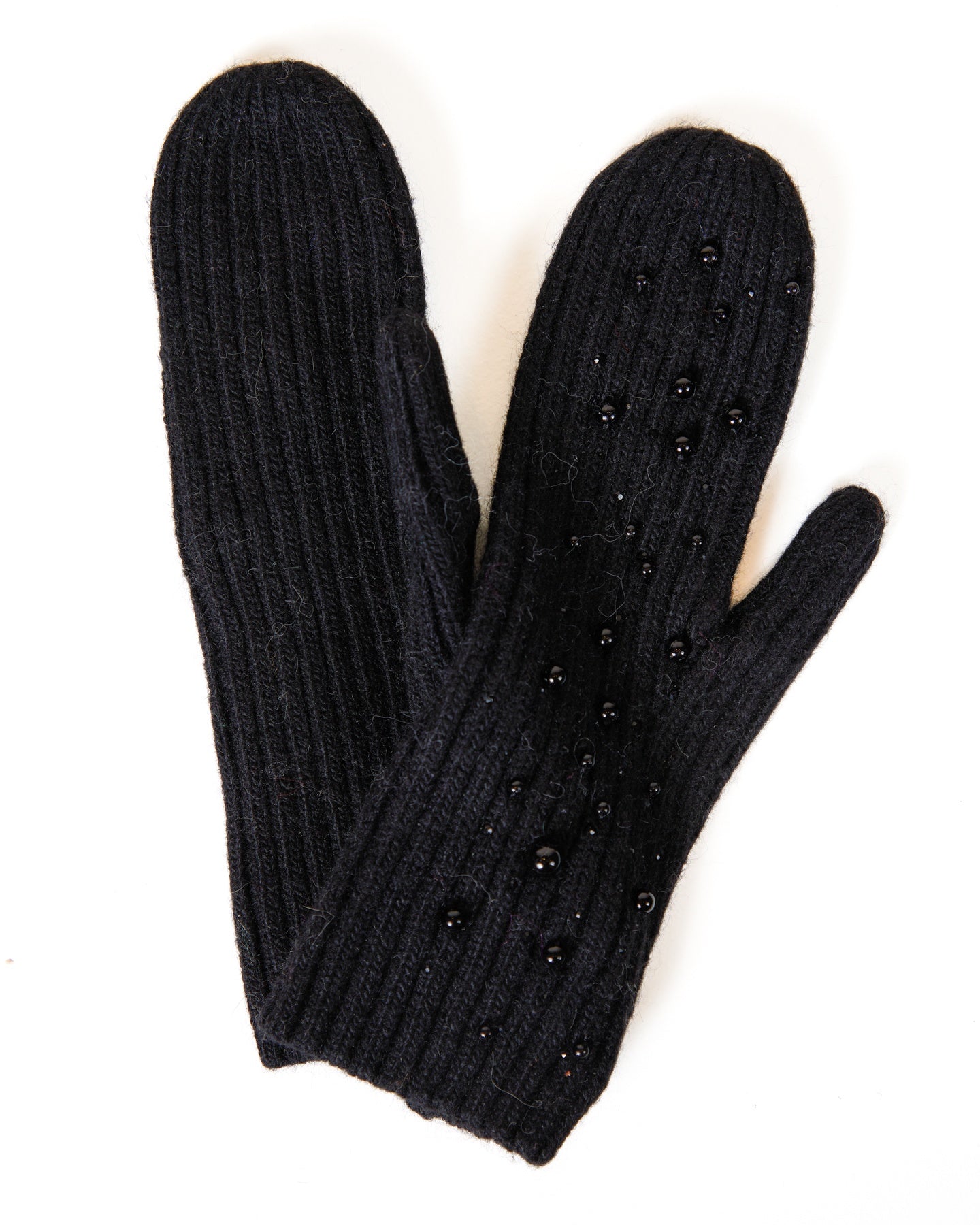 Black Knitted Mittens with Pearl & Gold Details