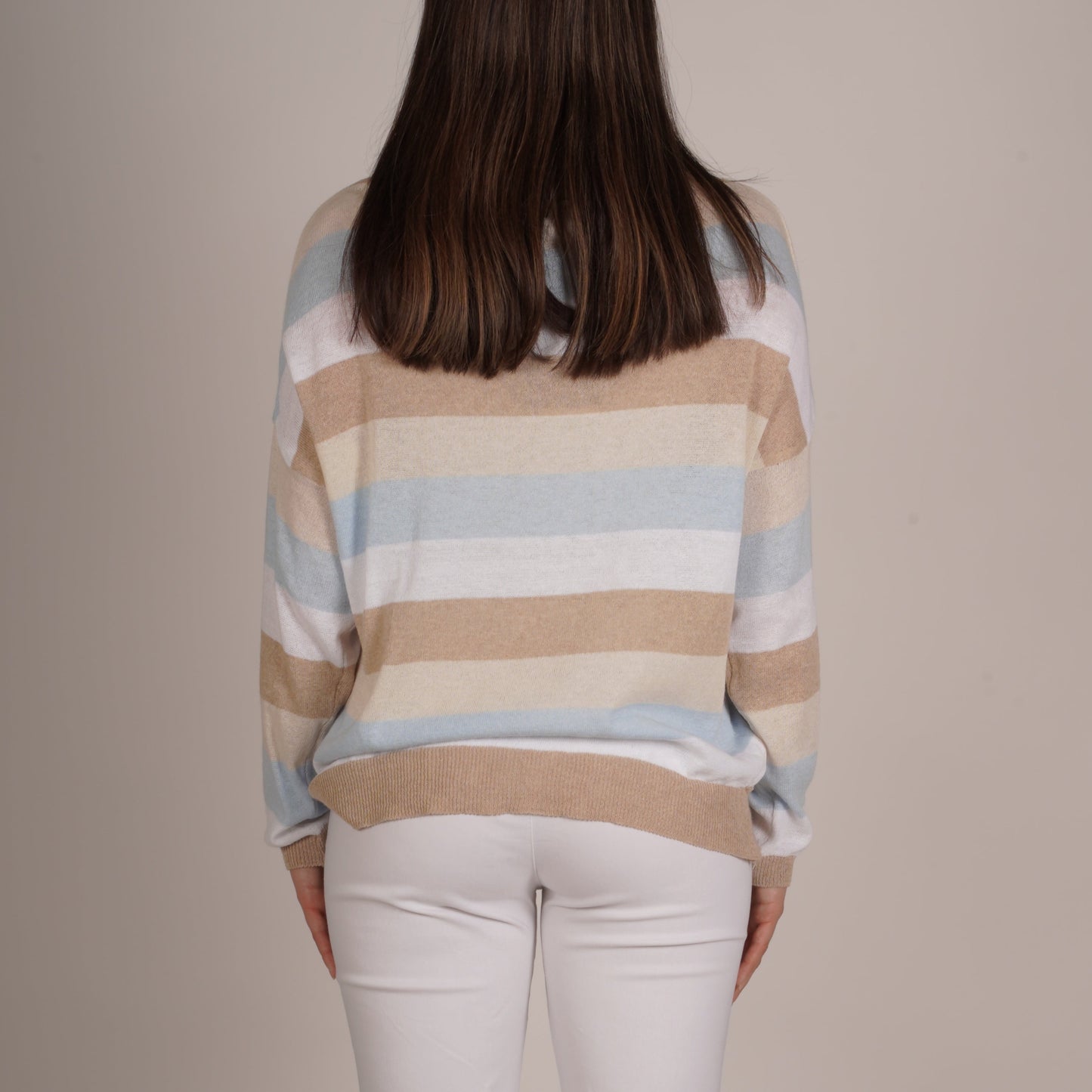 Sky Blue Striped Knit High Neck Long Sleeve