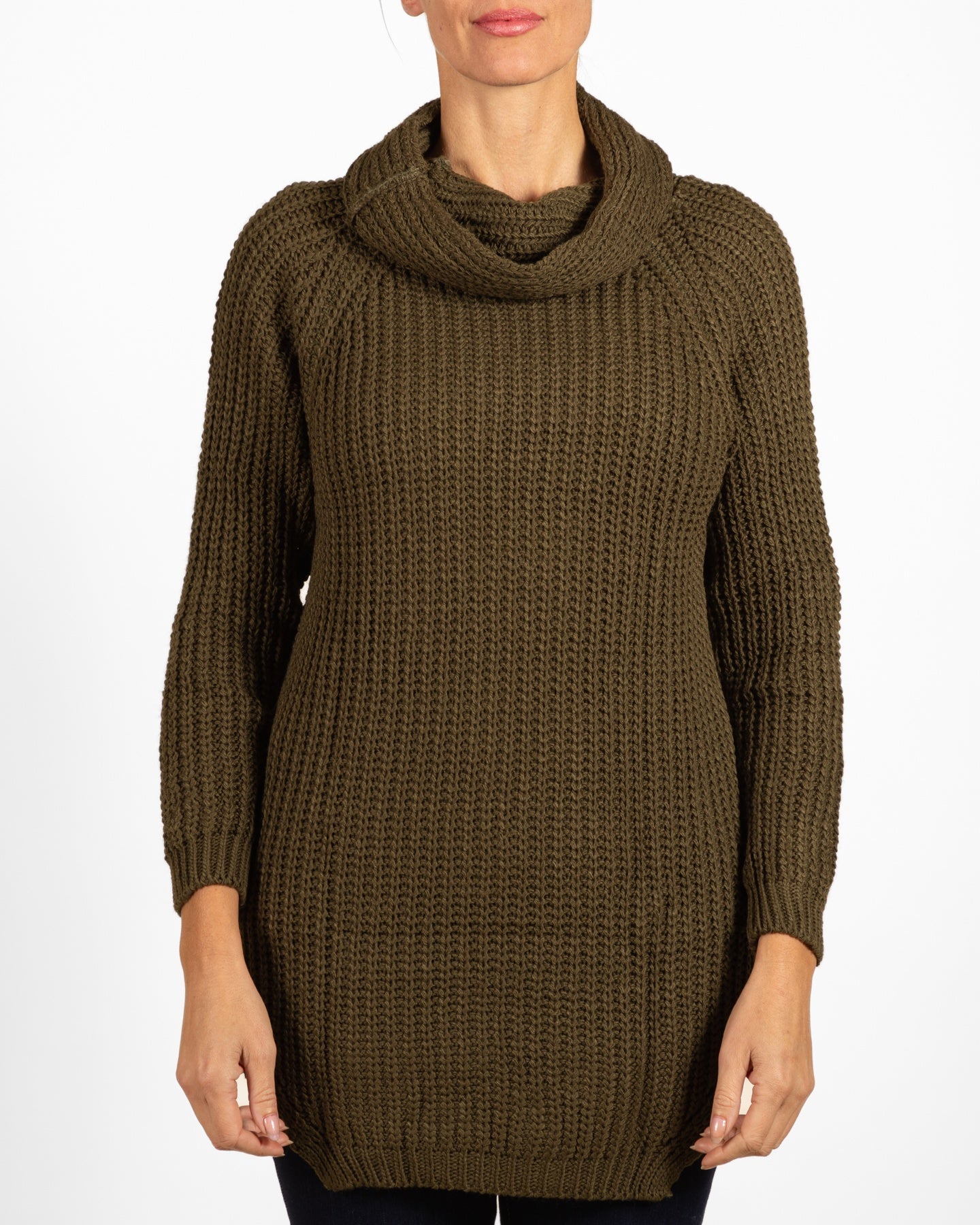 Army Drop Shoulder Cowl Neck Tunic Sweater