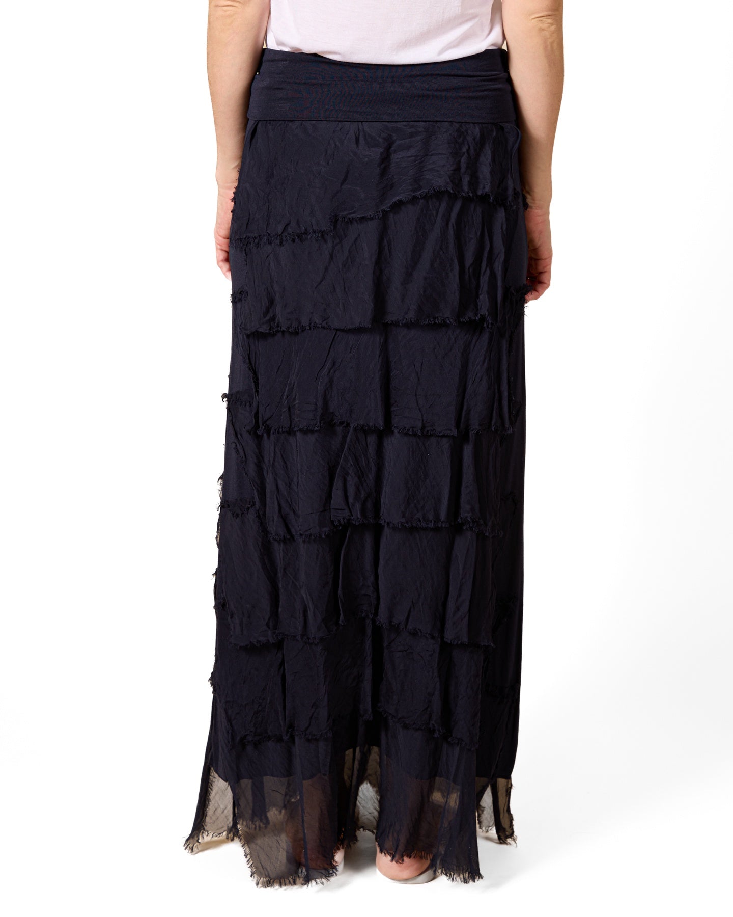 Midnight Pull On Wide Band Combo Multi Raw Edge Lined Maxi Silk Skirt