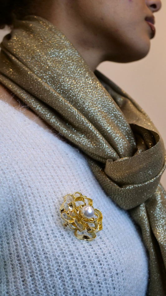 Women’s Gold-Tone Abstract Floral Ribbon Brooch with Pearl Center