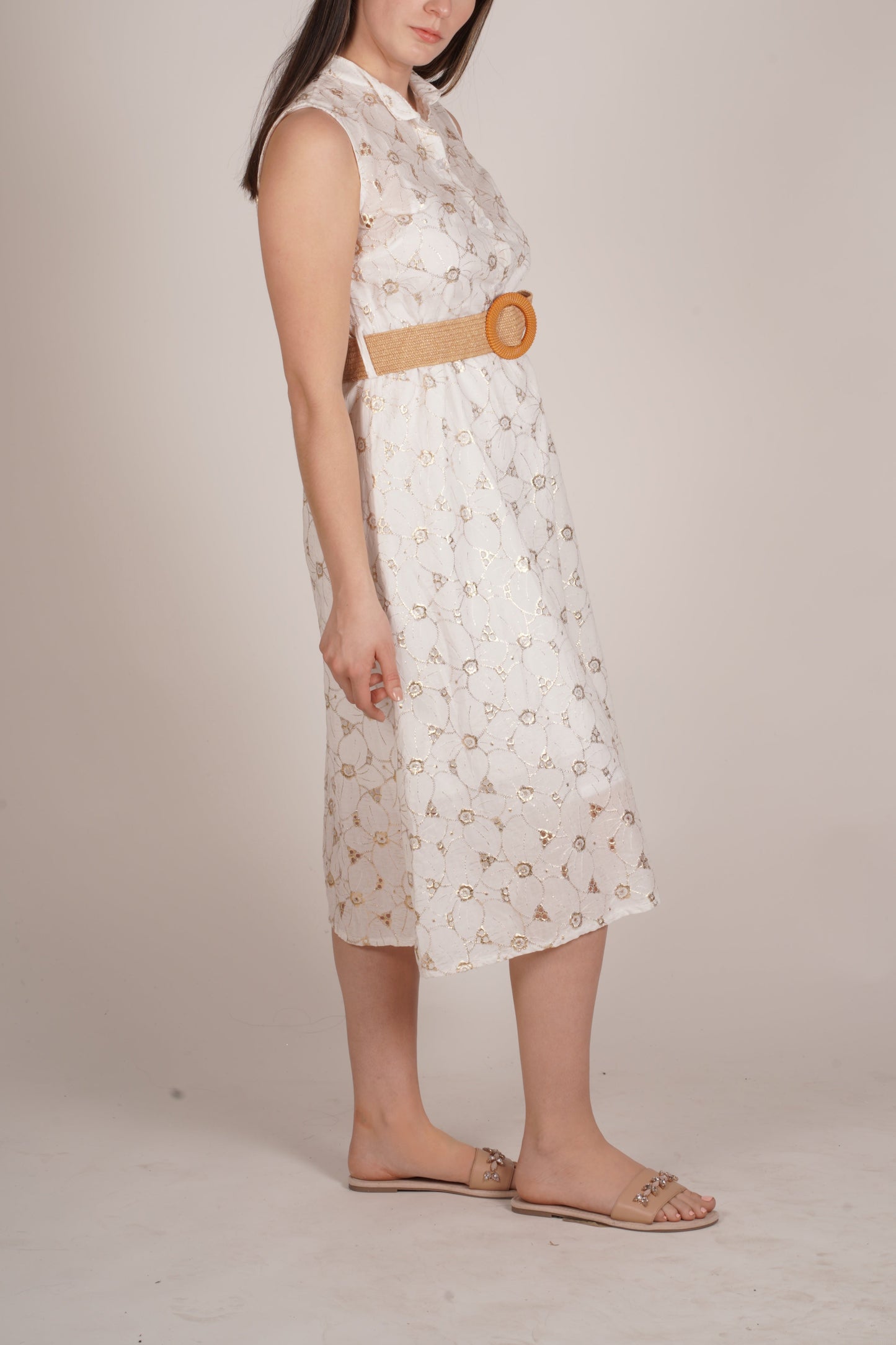 White Dress with All-Over Gold Embroidered Design