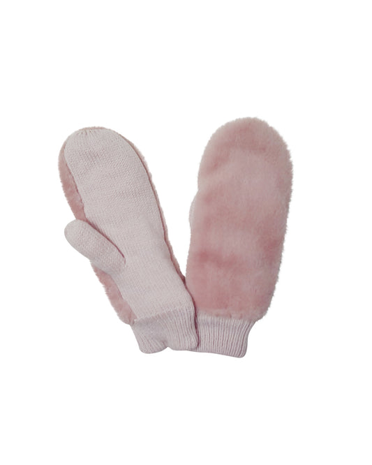 Pink Knitted Mittens with Faux Fur