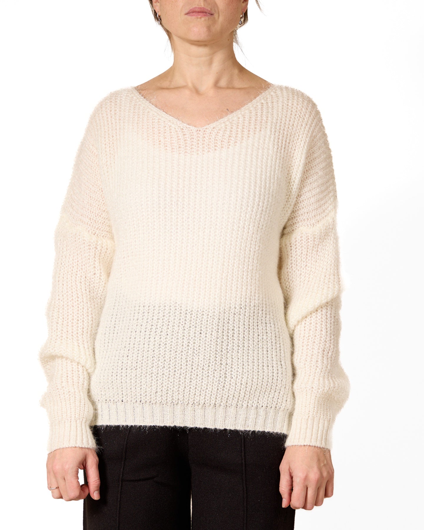 Snow V-NECK Novelty Cut Out Stripe Back Detail FUZZY Sweater