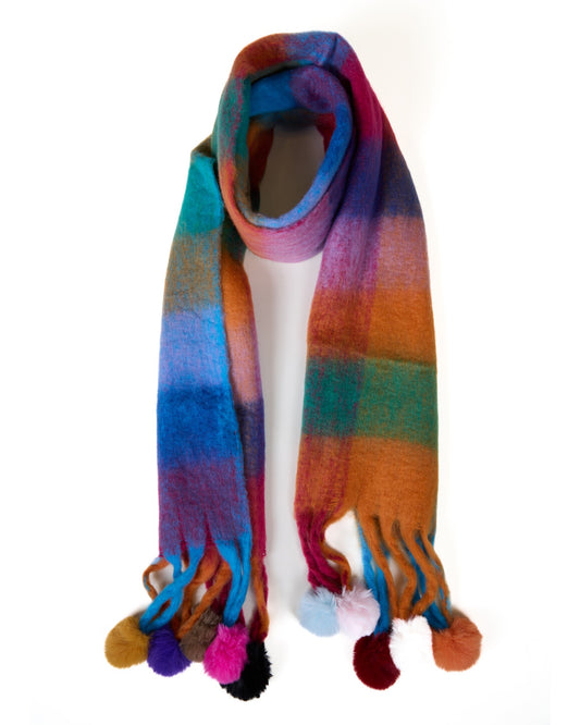 Vibrant Gradient Wool Scarf with Pom Pom Fringe