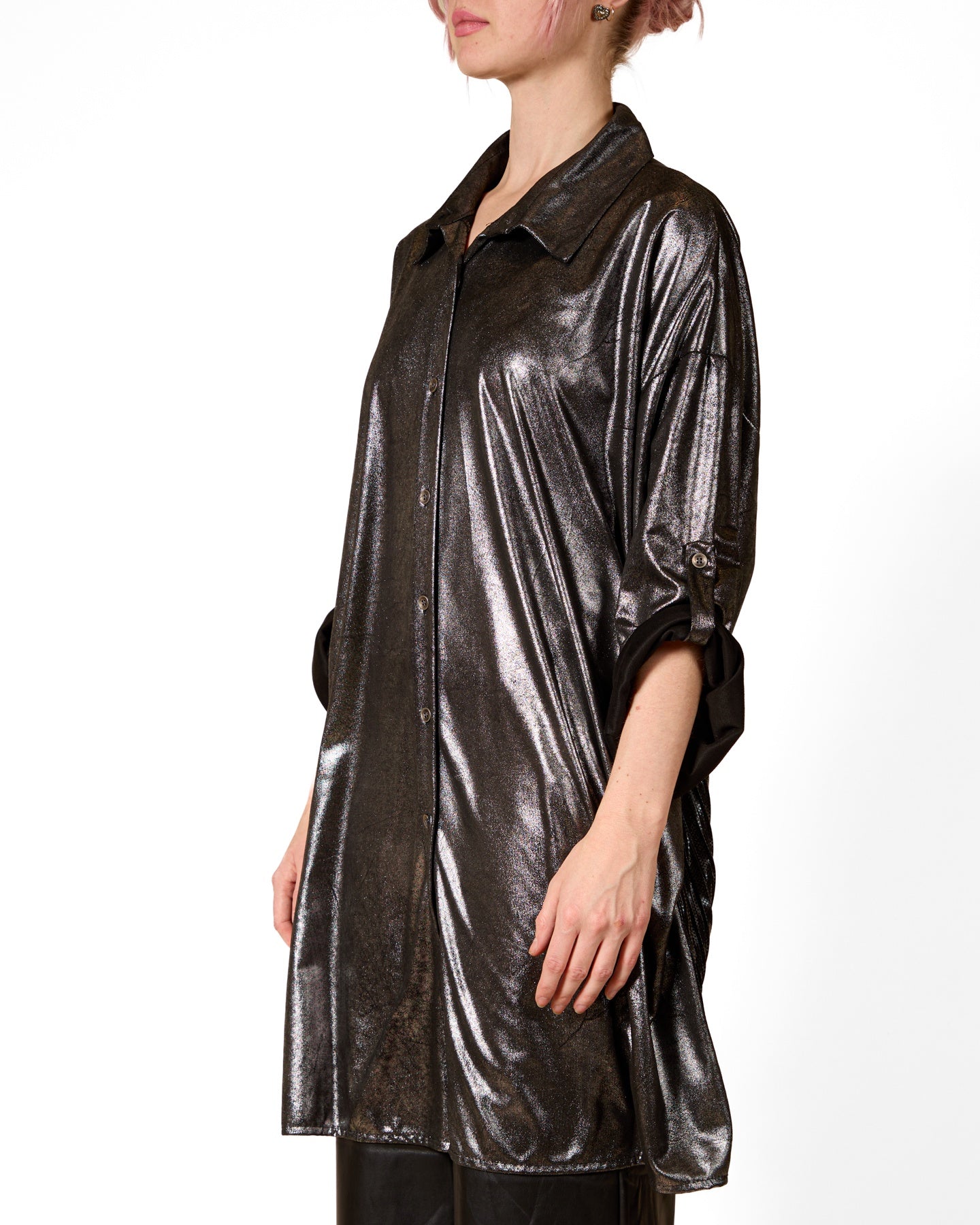 Black Button Front Roll Up Sleeve Foil Front Pleated Lamé Back Shirt