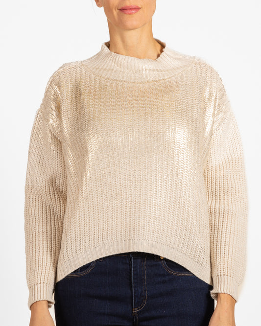 Beige Mock Neck Gold Foil Front Box Fit Sweater