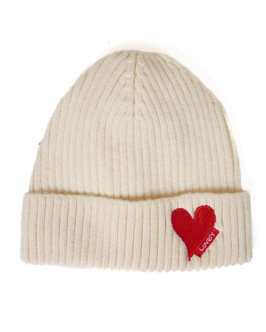 Cream Heart Patch Knit Beanie