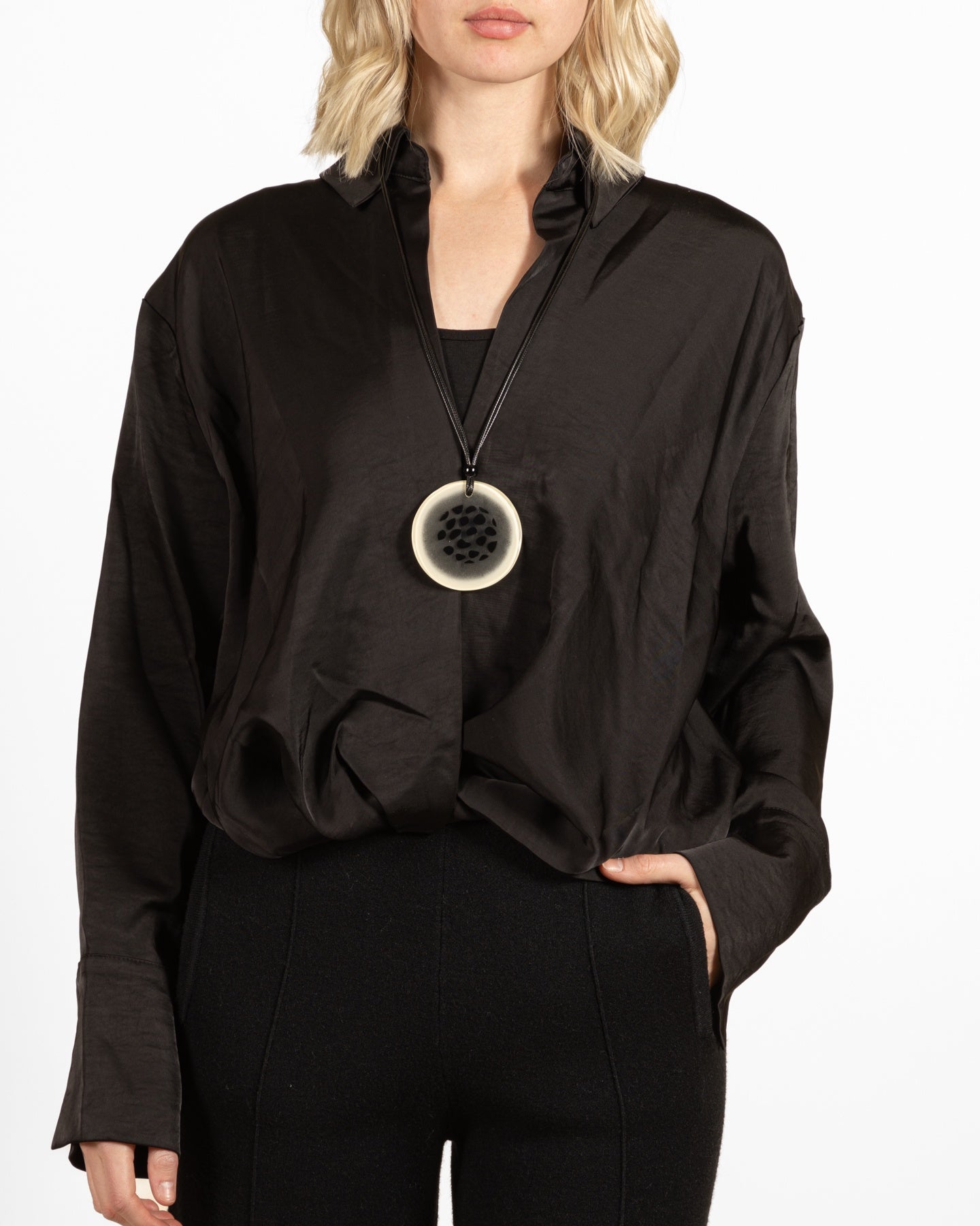 Black Wide Band Crisscross Open Front Blouse