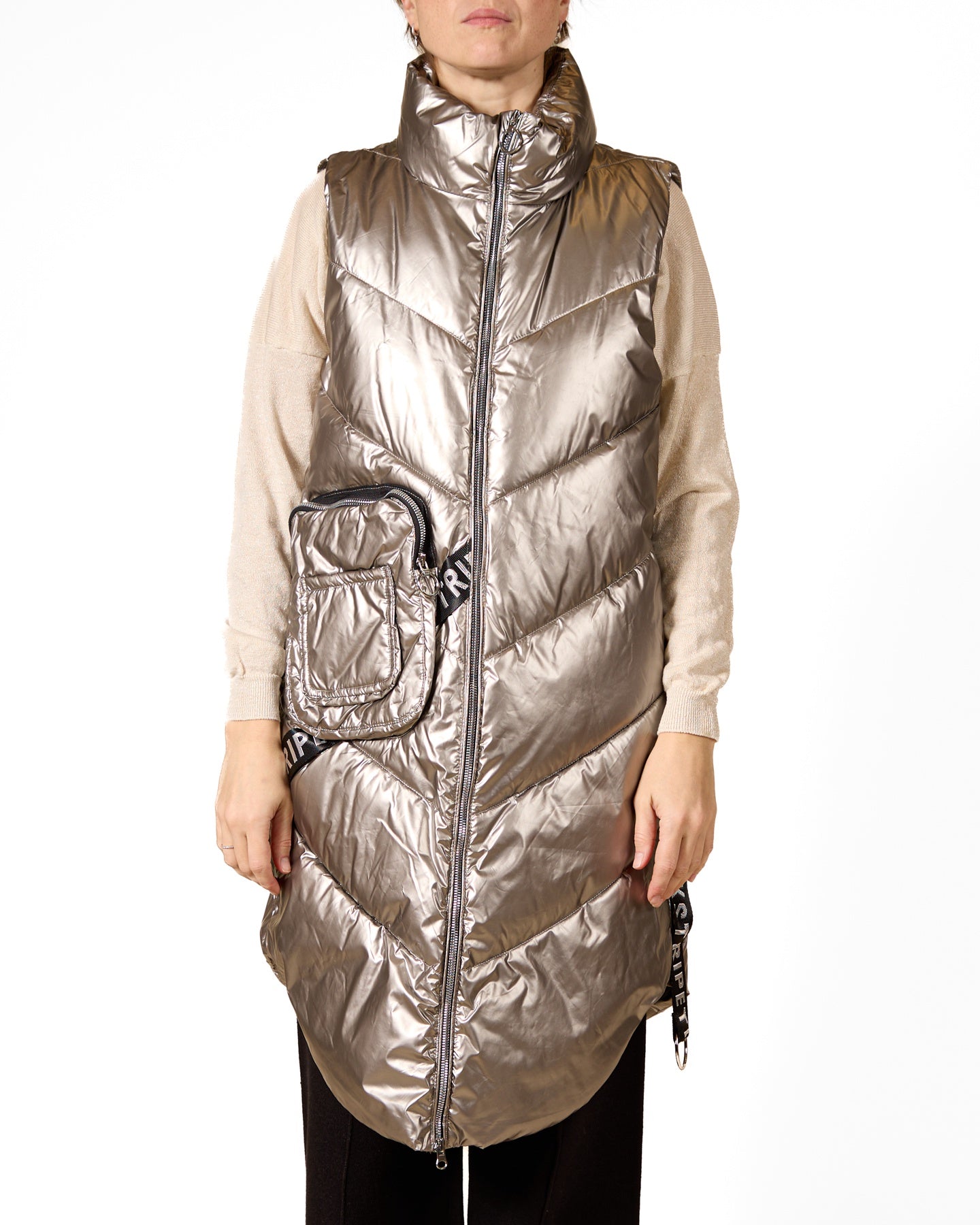 Silver Hooded Long Puffer Vest with Front Pouch