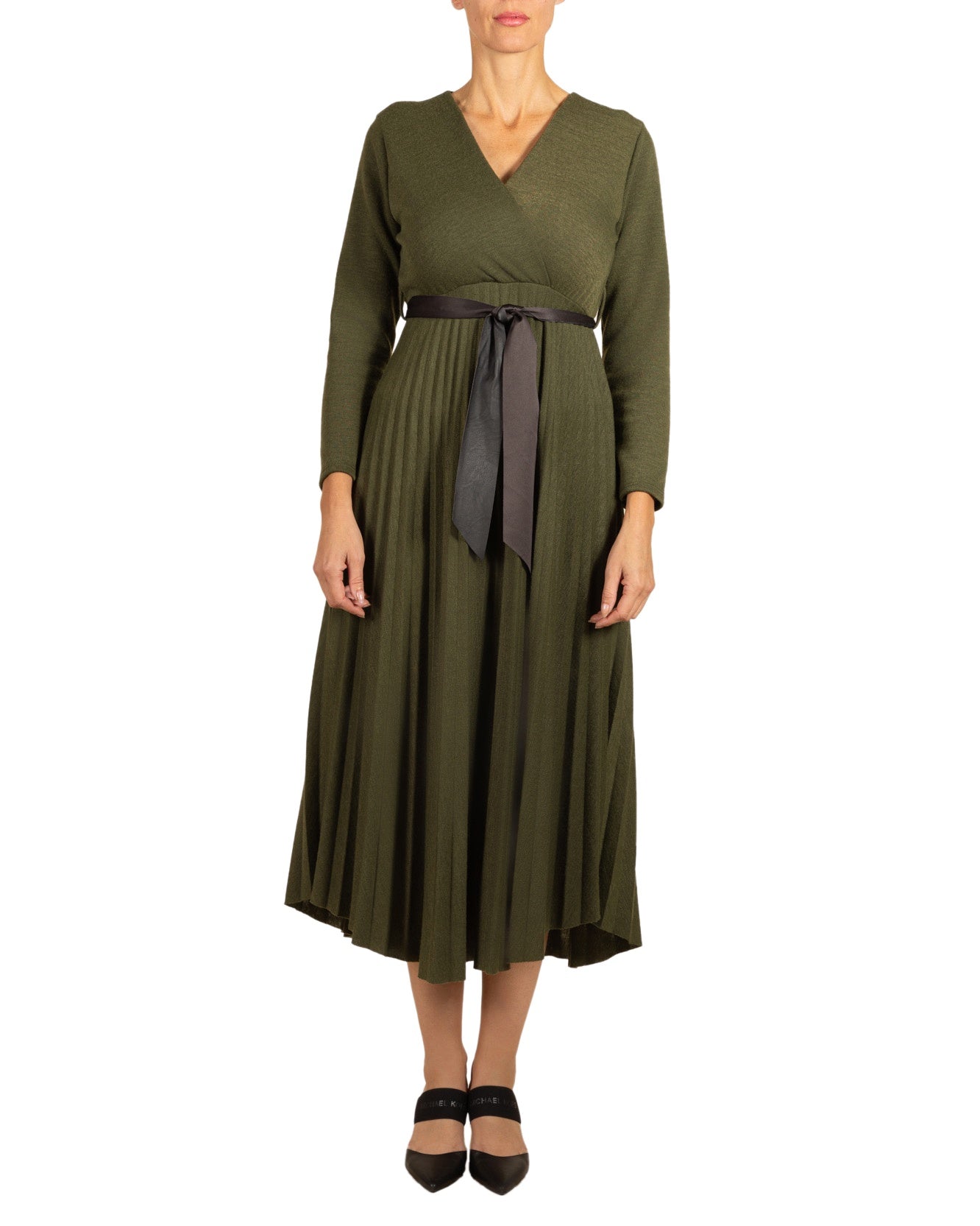 Forest V Cross Over Pleated Mx Sach Belt Dress