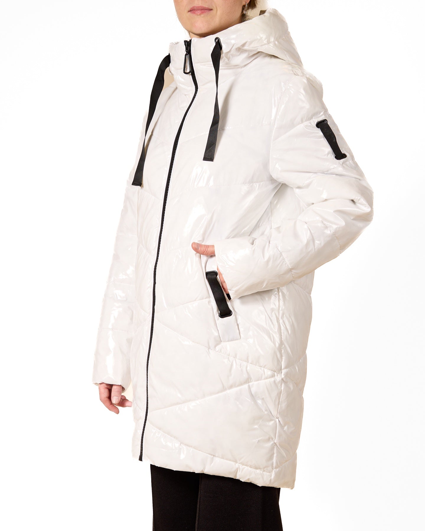 White Ribbon-Accent Long Puffer Jacket