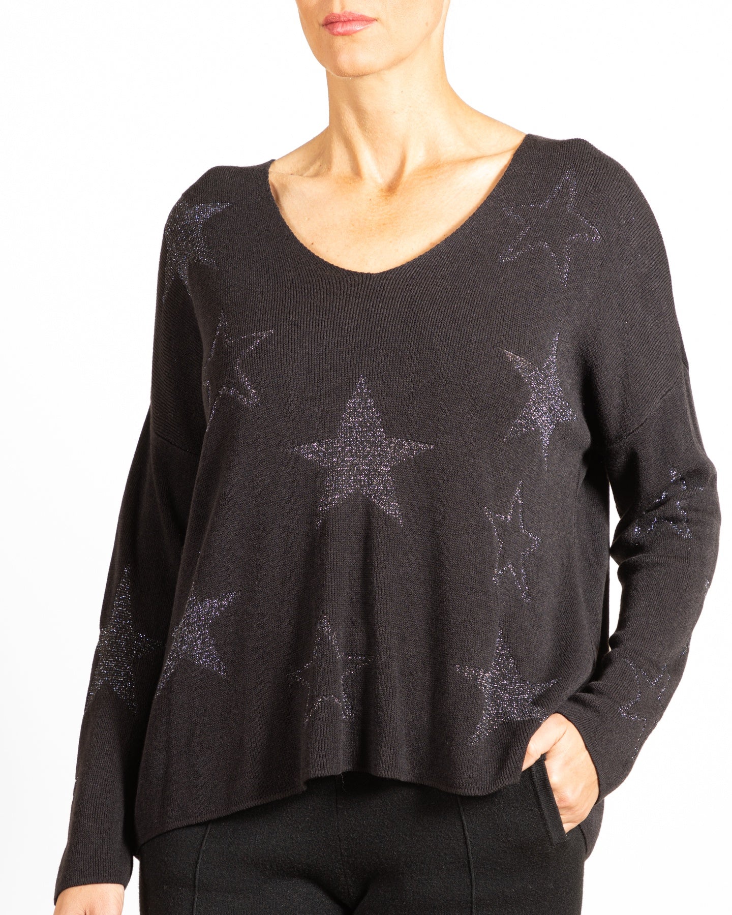 Black V NeckDrop Shoulder Allover Lurex Stars Pullover