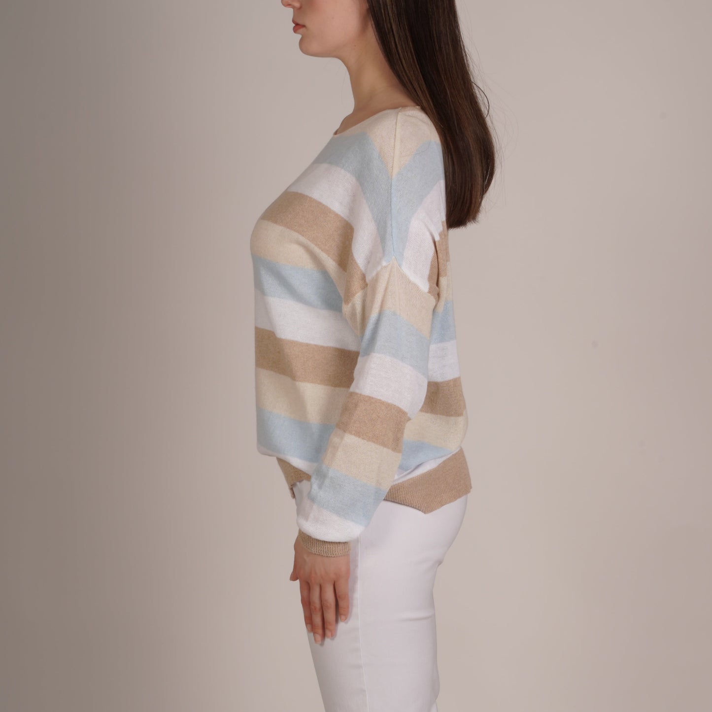 Sky Blue Striped Knit High Neck Long Sleeve