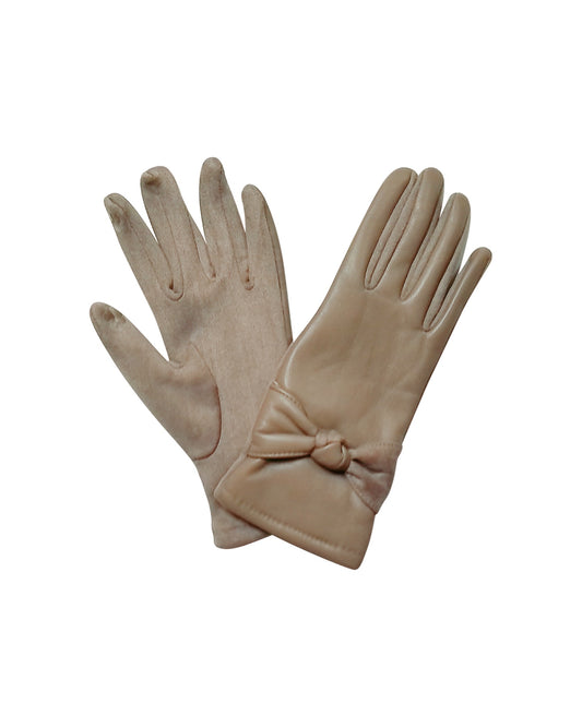 Taupe Faux-Leather Touchscreen Gloves with Bow Detail