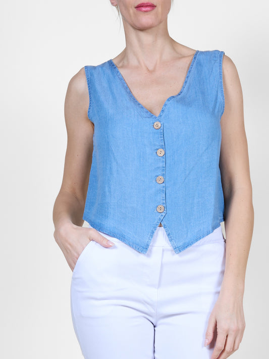 Dark Denim Sleeveless Button-Front Vest