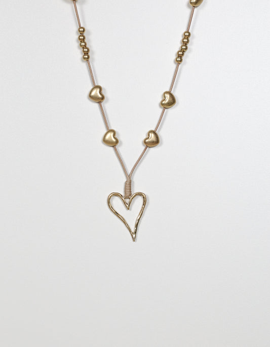 Gold Cord Necklace with Layered Heart and Ball Details