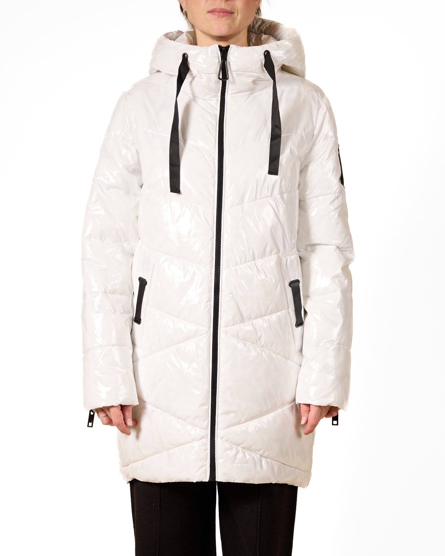 White Ribbon-Accent Long Puffer Jacket