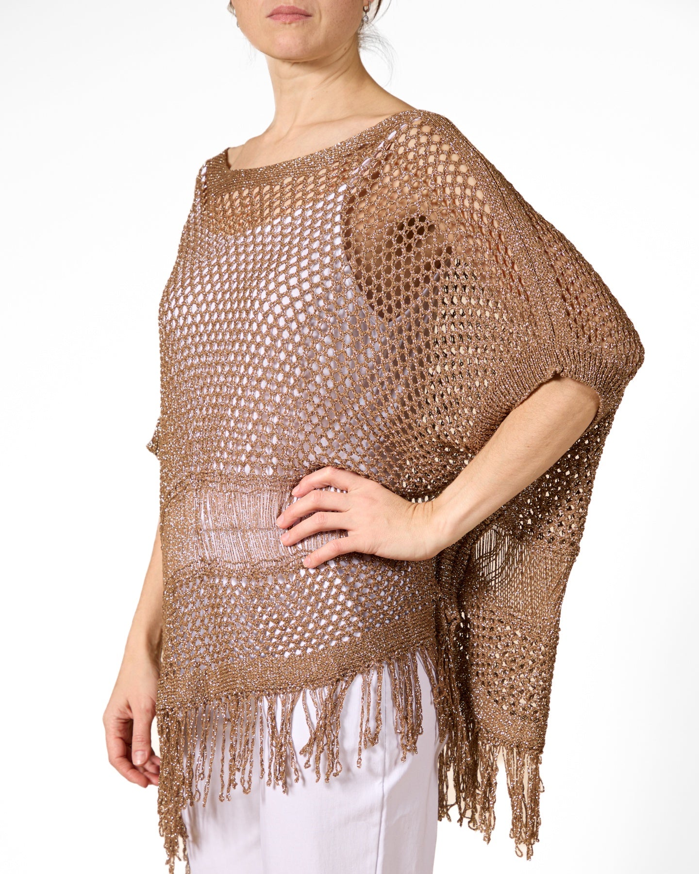 Bronze Lurex Fringe Crochet Sweater