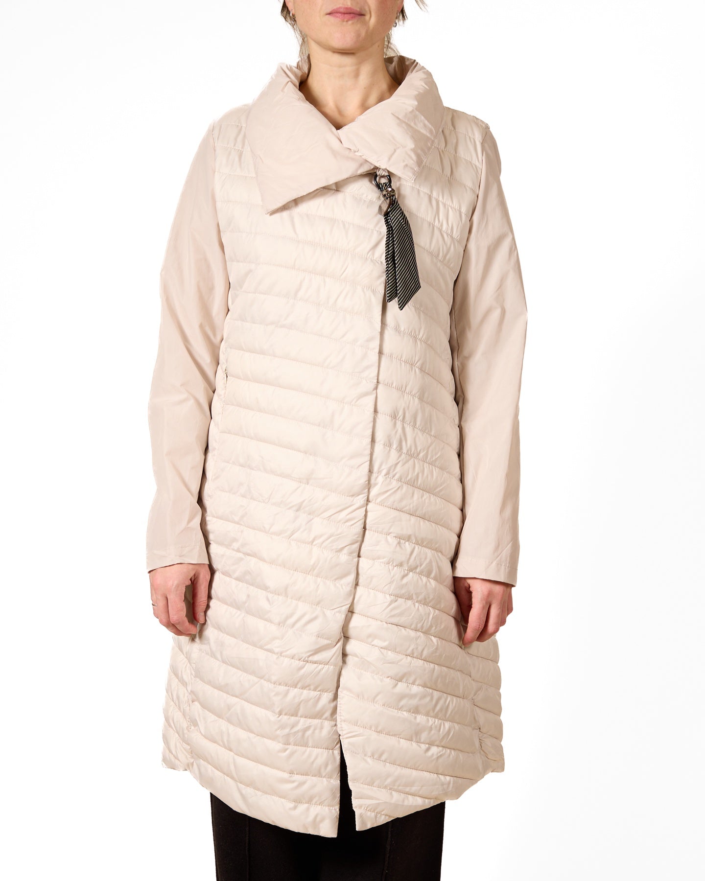 White Quilted Long Vest with Folded Collar and Tie Detail