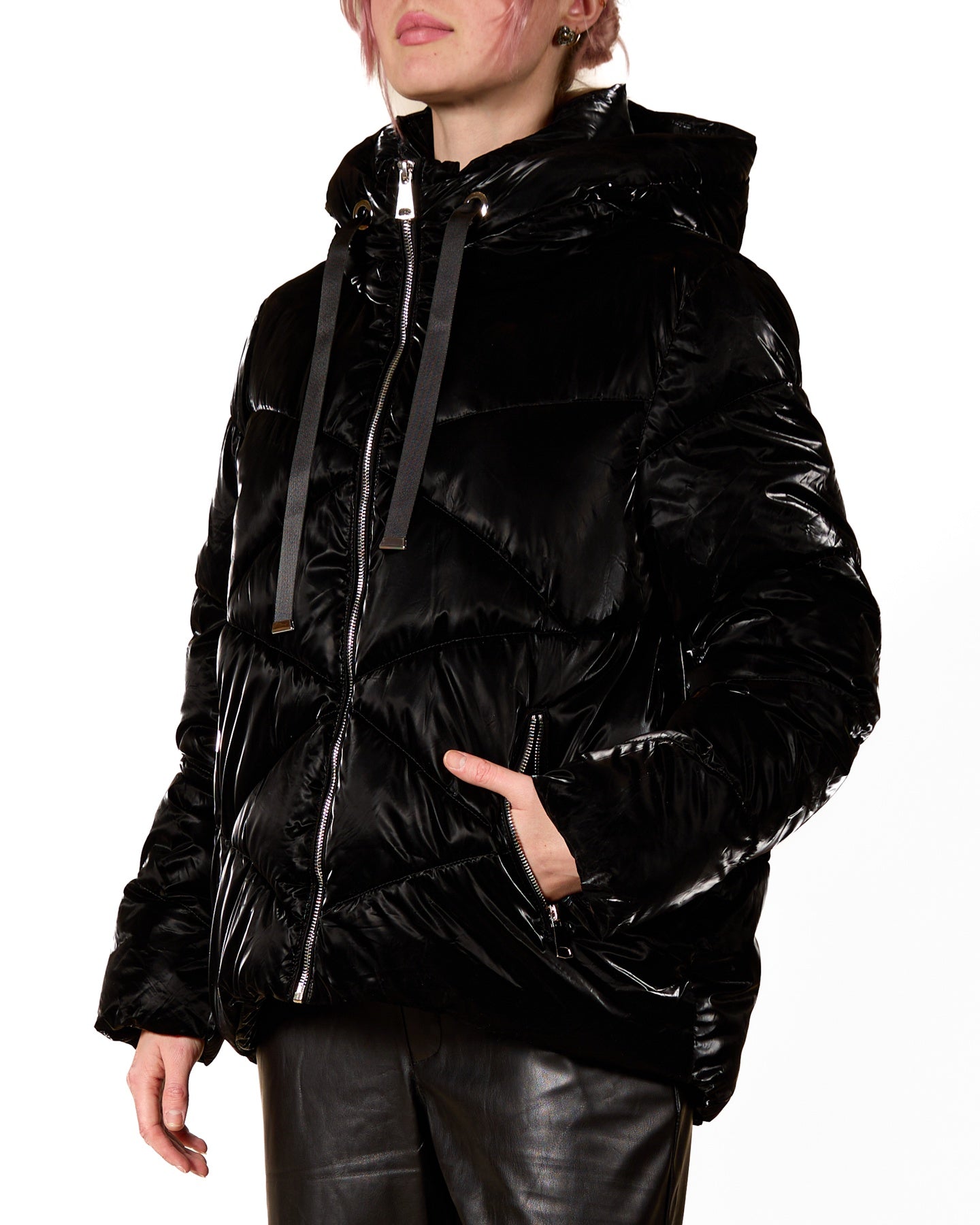 Ebony Velour Puffer Jacket with Zippered Pockets