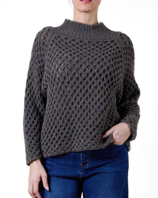 Taupe Mock Neck Open Weave Sweater