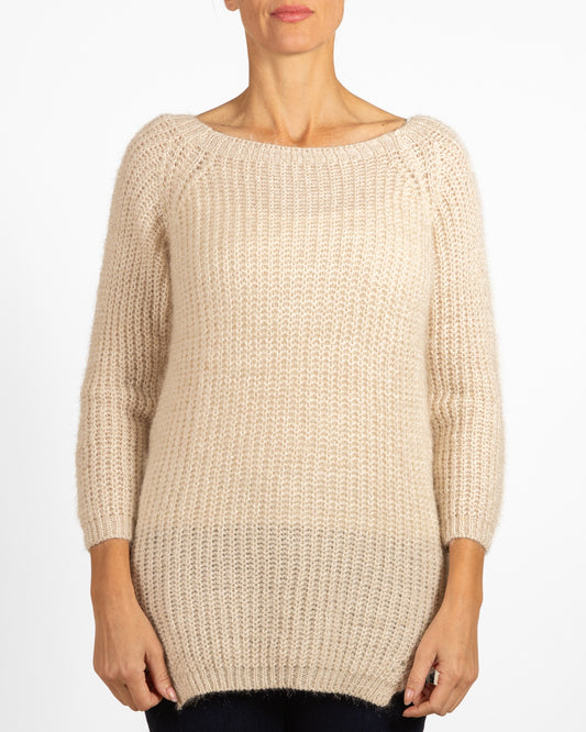 Beige Deep Round Front Bck Neck Slit Sides Plush Sweater