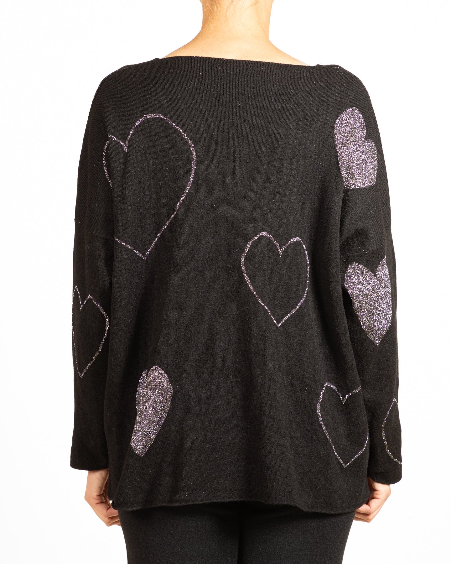 Black V Neck Drop Shoulder Multi Lurex Glitter Hearts Pullover