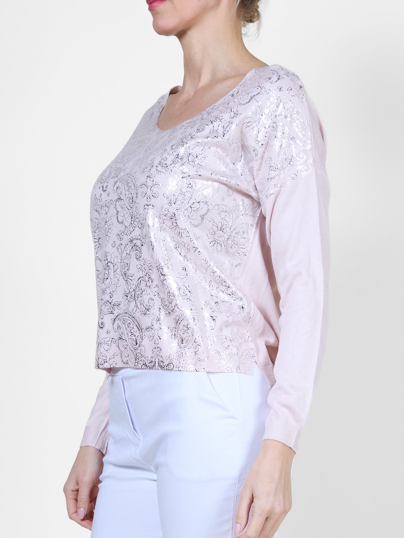 Carnation Long Sleeve V Scoop Neck Foil Front Pullover