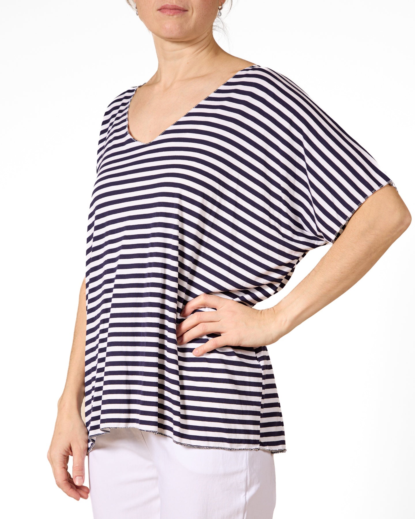 Midnight Deep V Neck Stripe Top