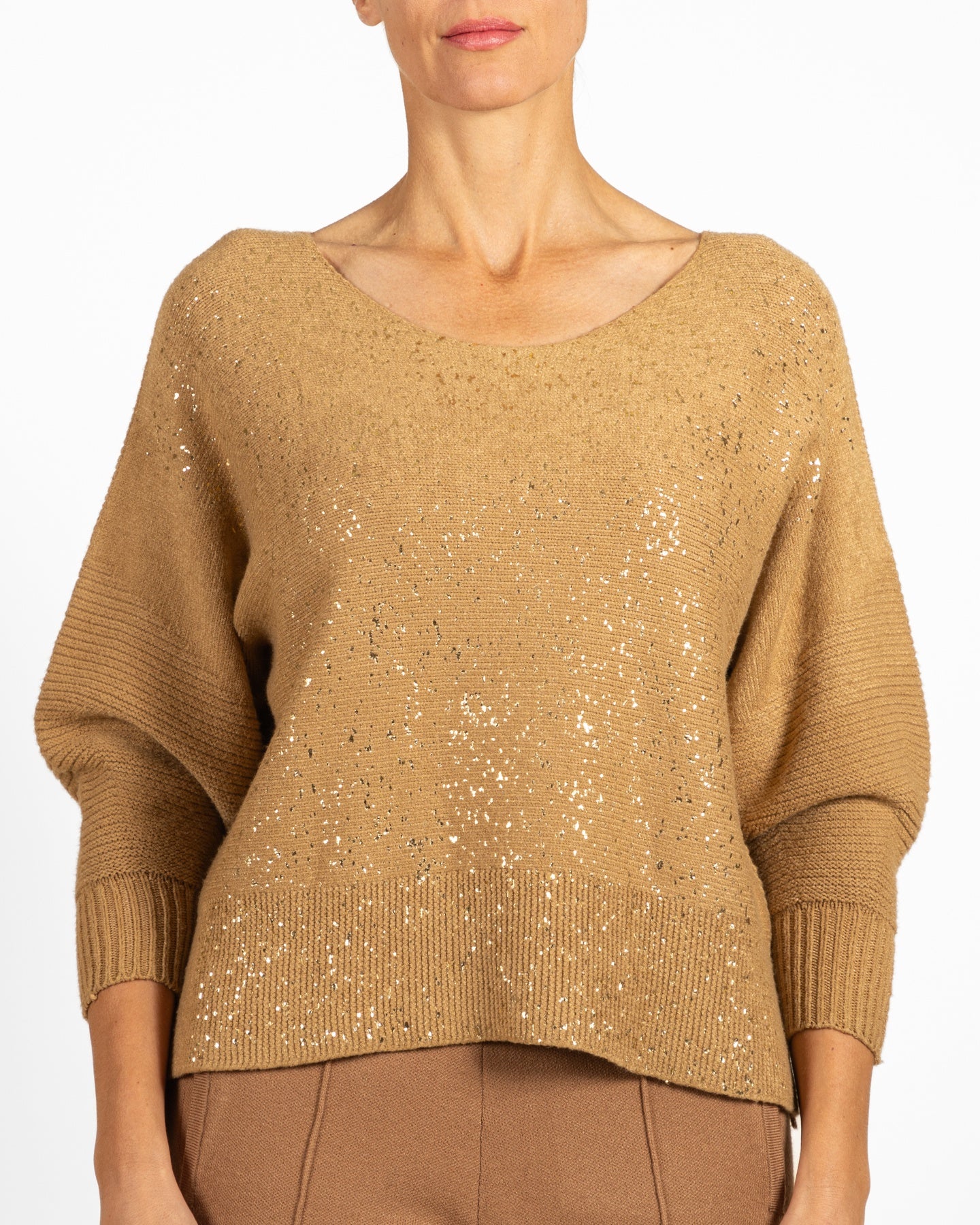 Camel Rib Combo Front Gold Foil Flakes Sweater