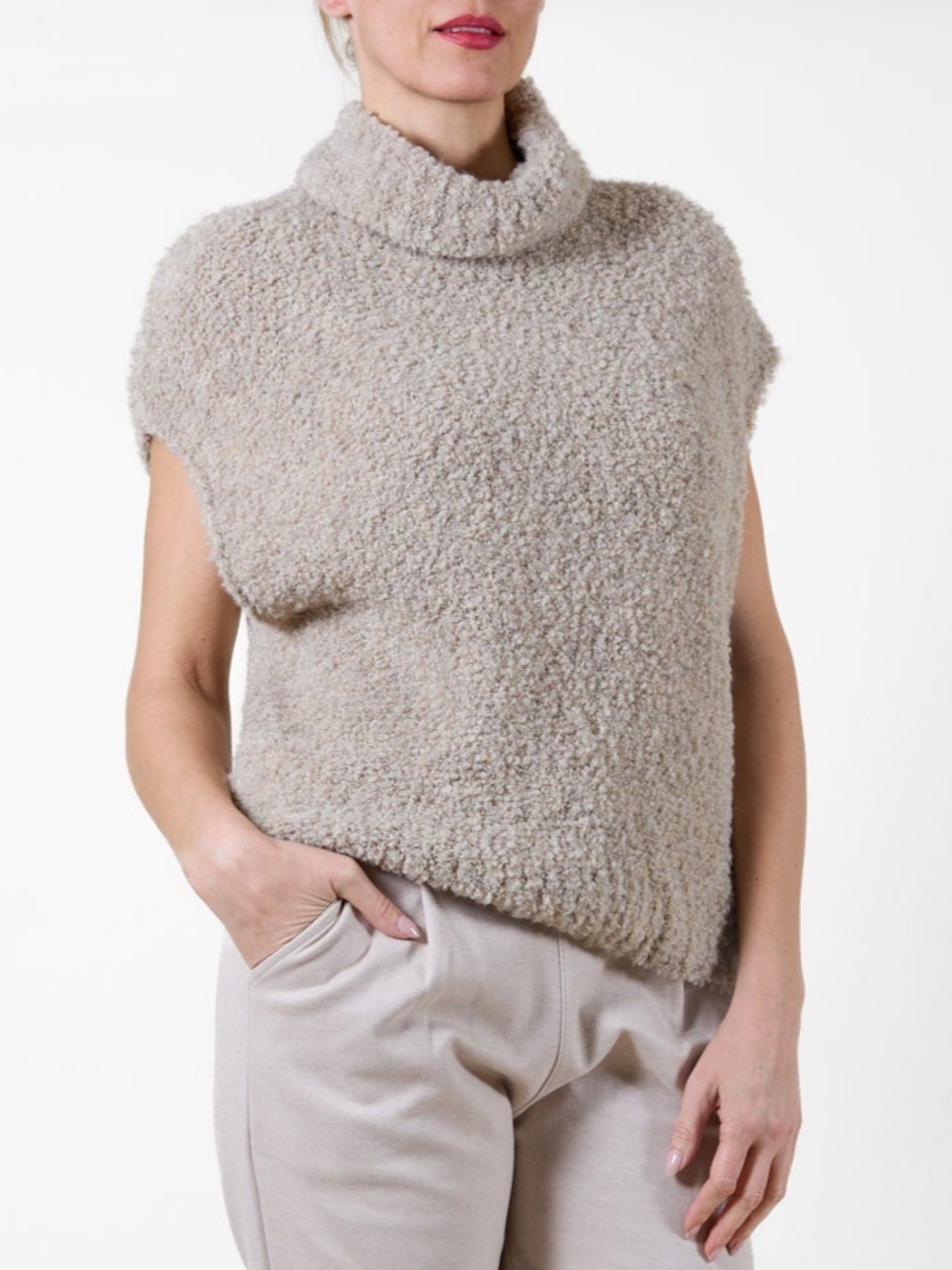 Beige Cowl Neck Sleeveless Chennille Vest