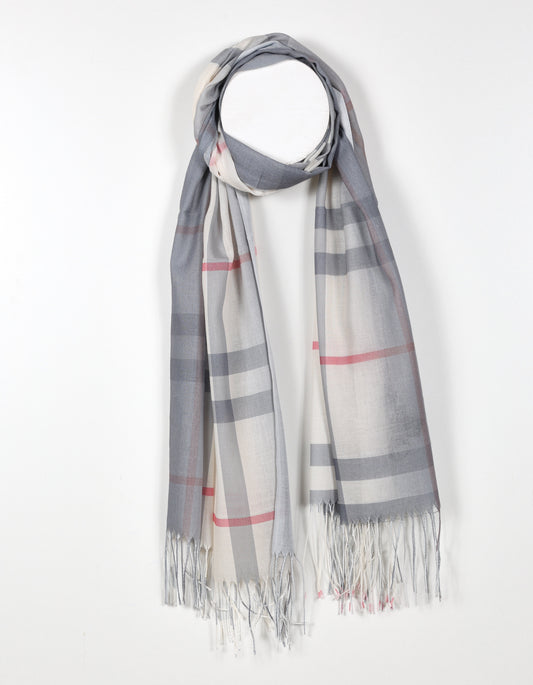 Lightweight House Check Plaid Scarf in Ivory