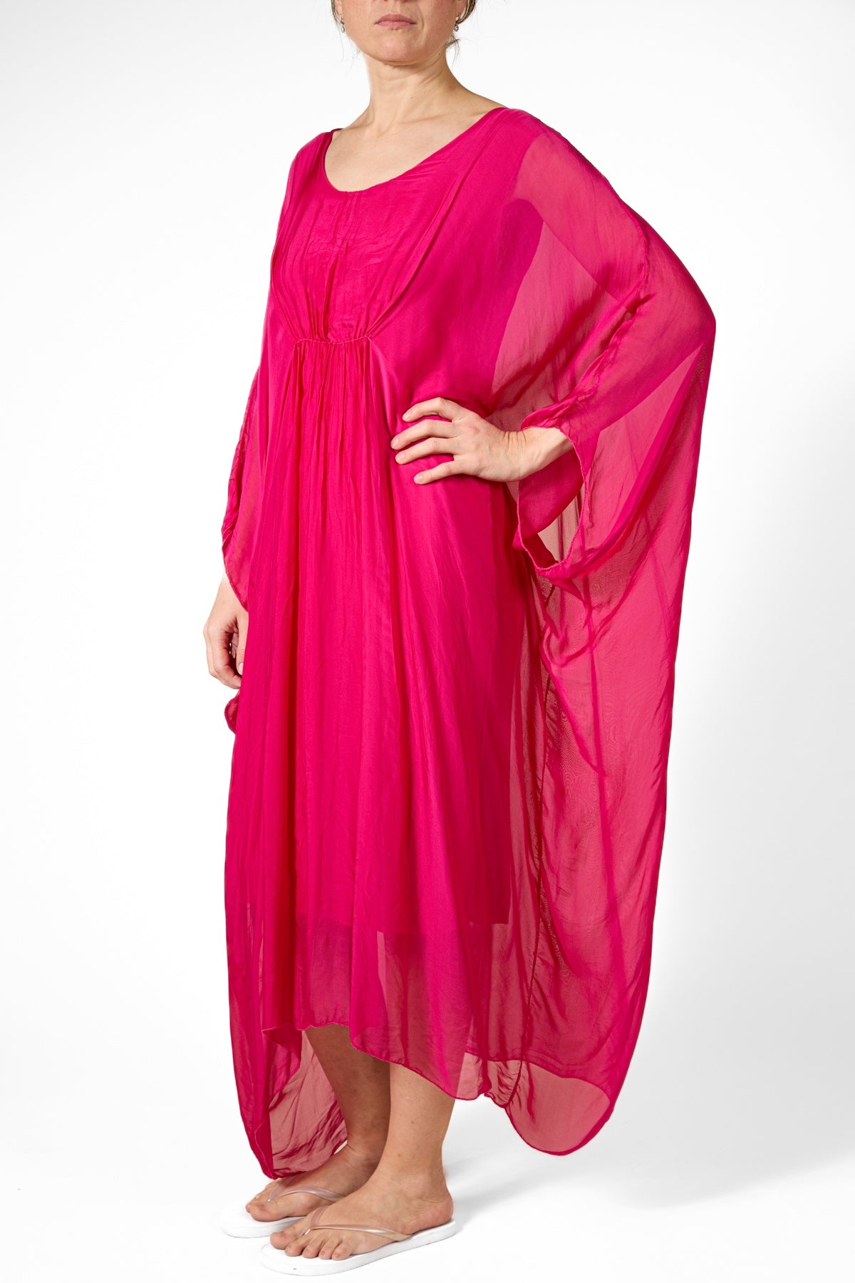 Cherry Drp Shldr Elbow Slv Pin Tuck Frt Waist Mxi Lined Kaftan