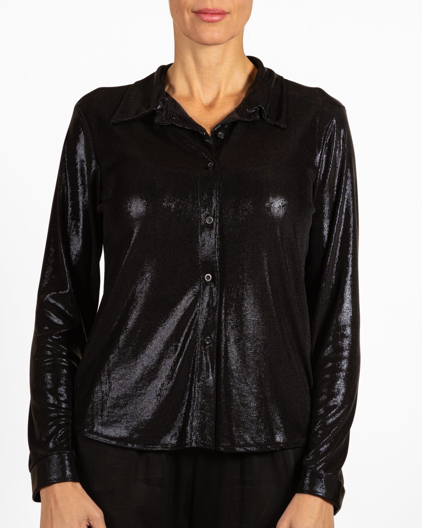 Black Button Front Lamé Blouse