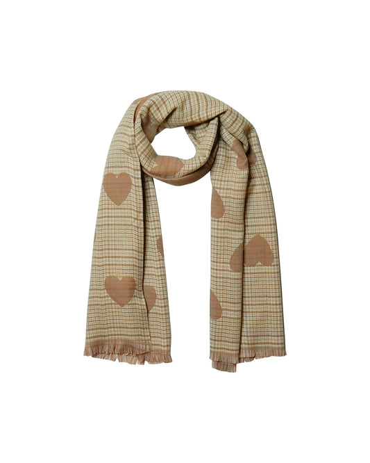 Reversible Heart-Patterned Plaid Scarf in Beige and Camel Khaki Combo