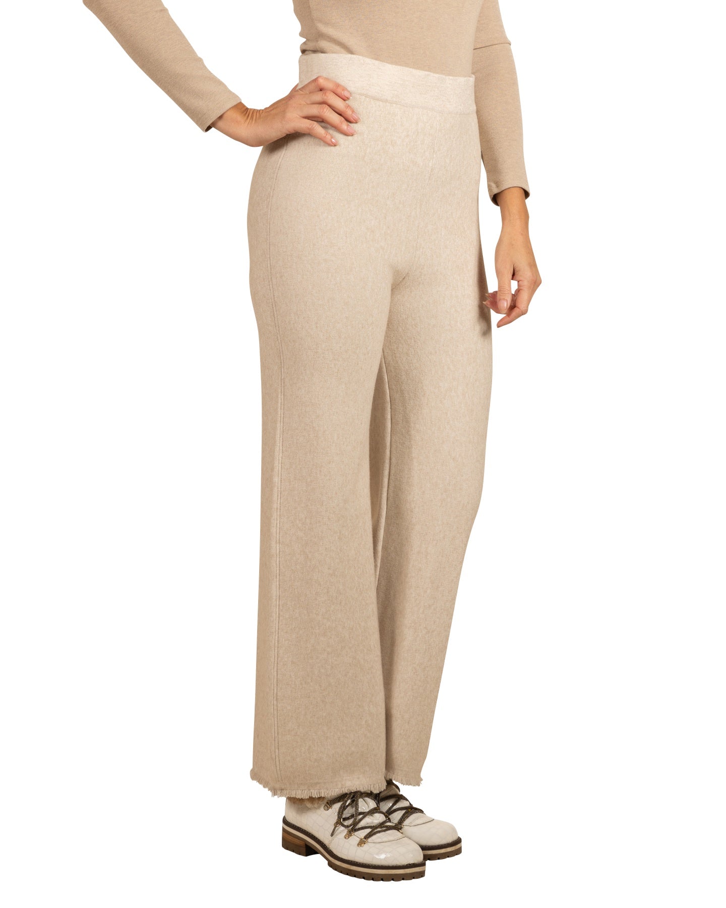 Oatmeal Pull On Wide Leg Raw Edge Detail Pant