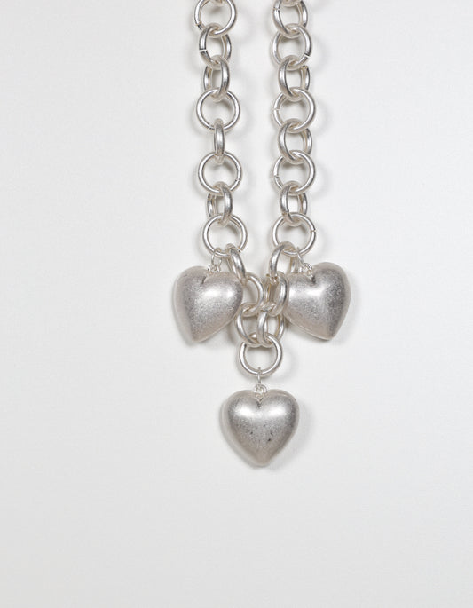 Silver Linked Chain Necklace with Heart Pendants