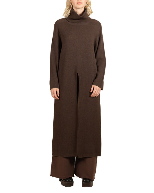 Espresso Cowl Neck Front Slit Maxi Tunic