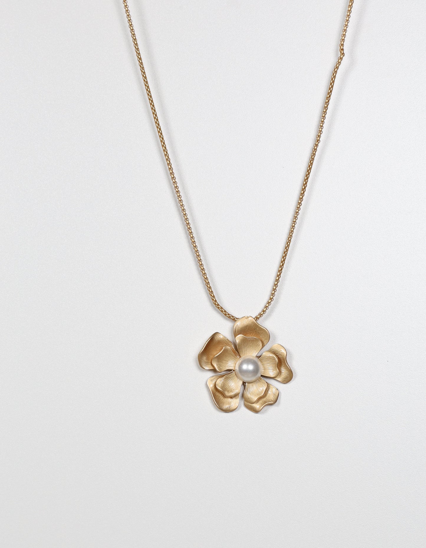 Gold Necklace with Flower Pendant and Pearl Center
