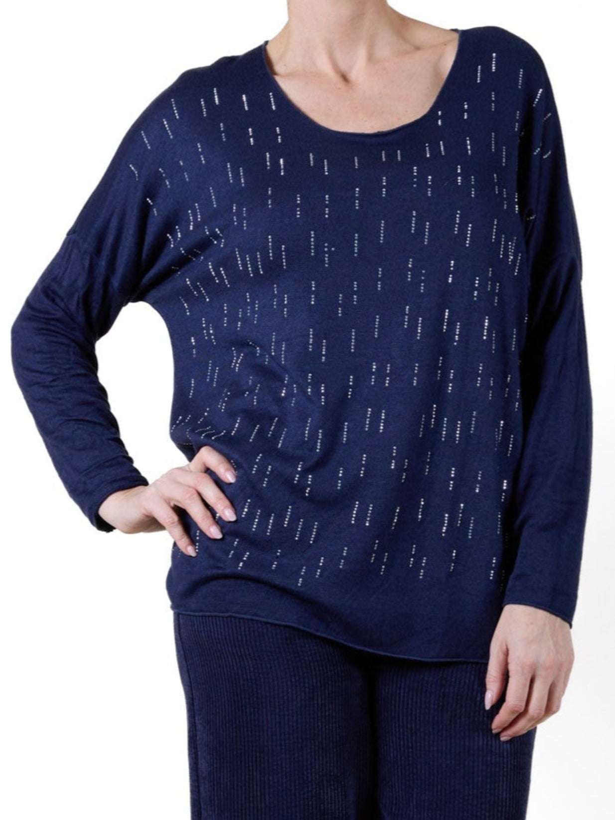 Midnight Scoop Neck Drop Shoulder Tear Drop Rhinestone Long Sleeve