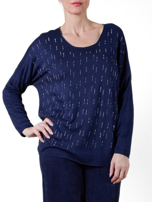 Midnight Scoop Neck Drop Shoulder Tear Drop Rhinestone Pullover