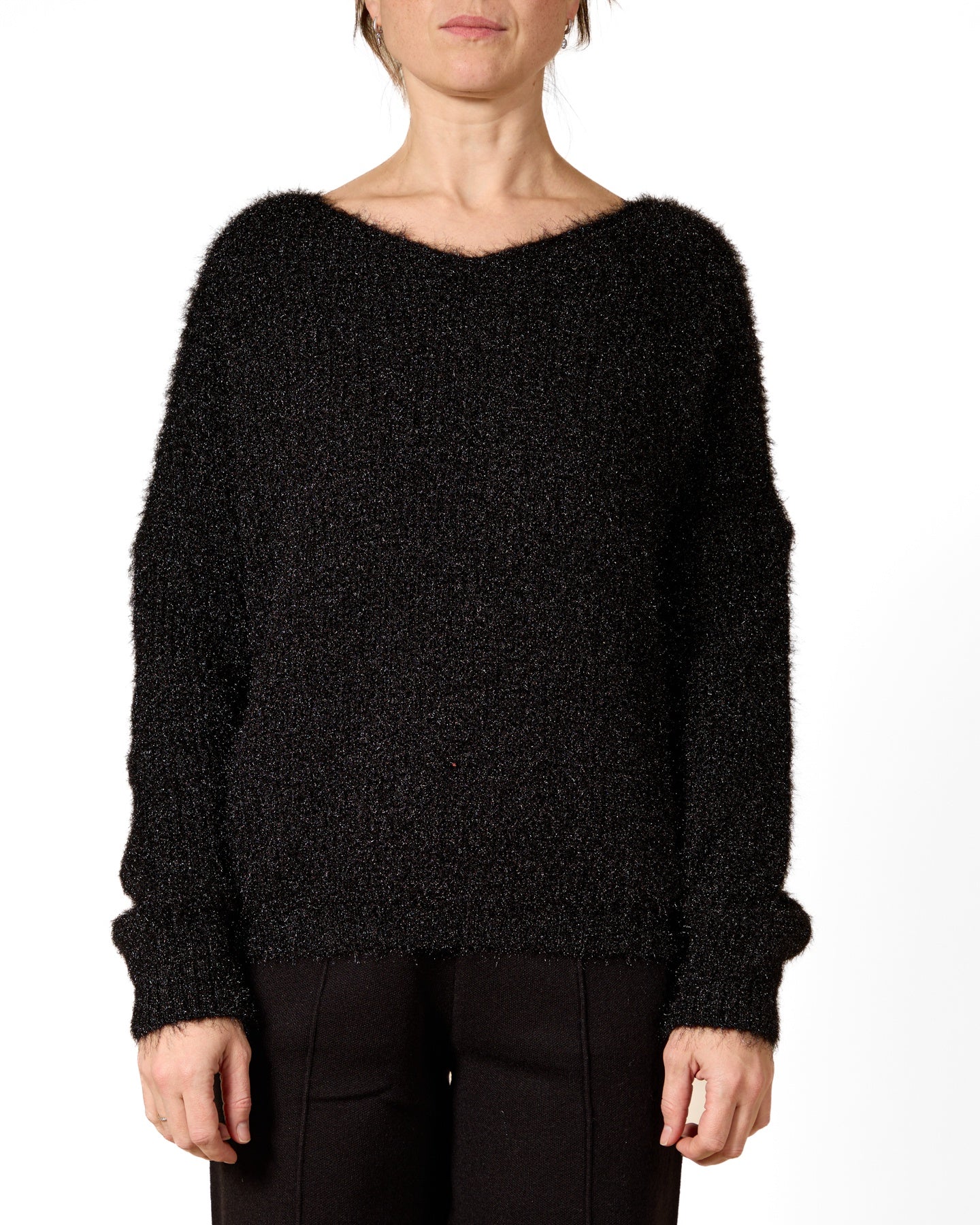 Ebony V-NECK Novelty Cut Out Stripe Back Detail FUZZY Sweater