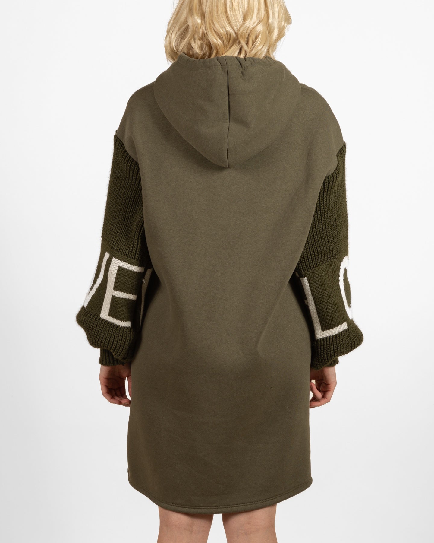 Army Reverse Fleece Hooded Drawstring Rhinestone Love Knit Sleeve Dress